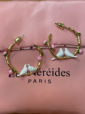 Les Néréides Bird Hoop Earrings White Dove Branch Pink Blossom Gold
